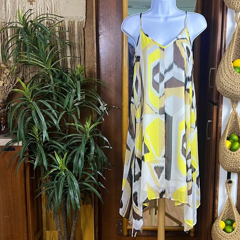 Geometric Chiffon Dress S Yellow Handkerchief Hem Flowy Lined Charming Charlie